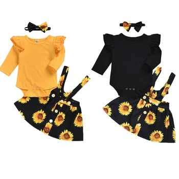 

3PCS Newborn Baby Girl Infants Clothes Sets 0-24M Cotton Romper Sunflower Bib Strap Dress Headband Outfits