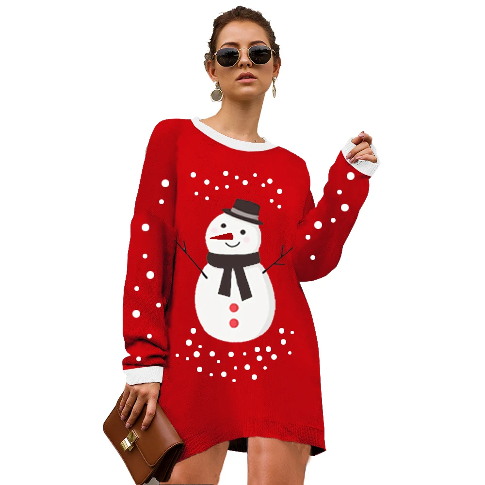 Red Snowman Nadafair теплое трикотажное леопардовое Платье Зима Рождество Свободные повседневные платья размера плюс женский свитер - Цвет: Red Snowman