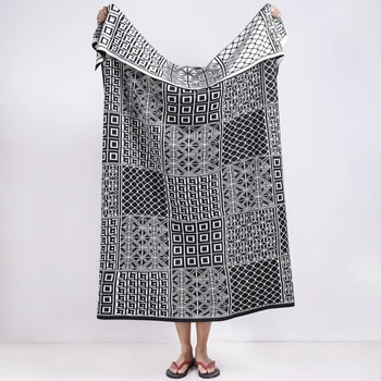 

PHF Knitted Throw Blanket Acrylic Geometric Squares Decorative Warm Soft Cozy Throw For Sofa Bed Kids Room Outdoor 50"x60"