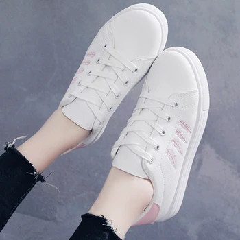 

Leather Women's Sneakers Lace-up White Ladies Casual Shoes Zapatillas Mujer Fashion Flat Summer Women Vulcanize Shoes VT1235