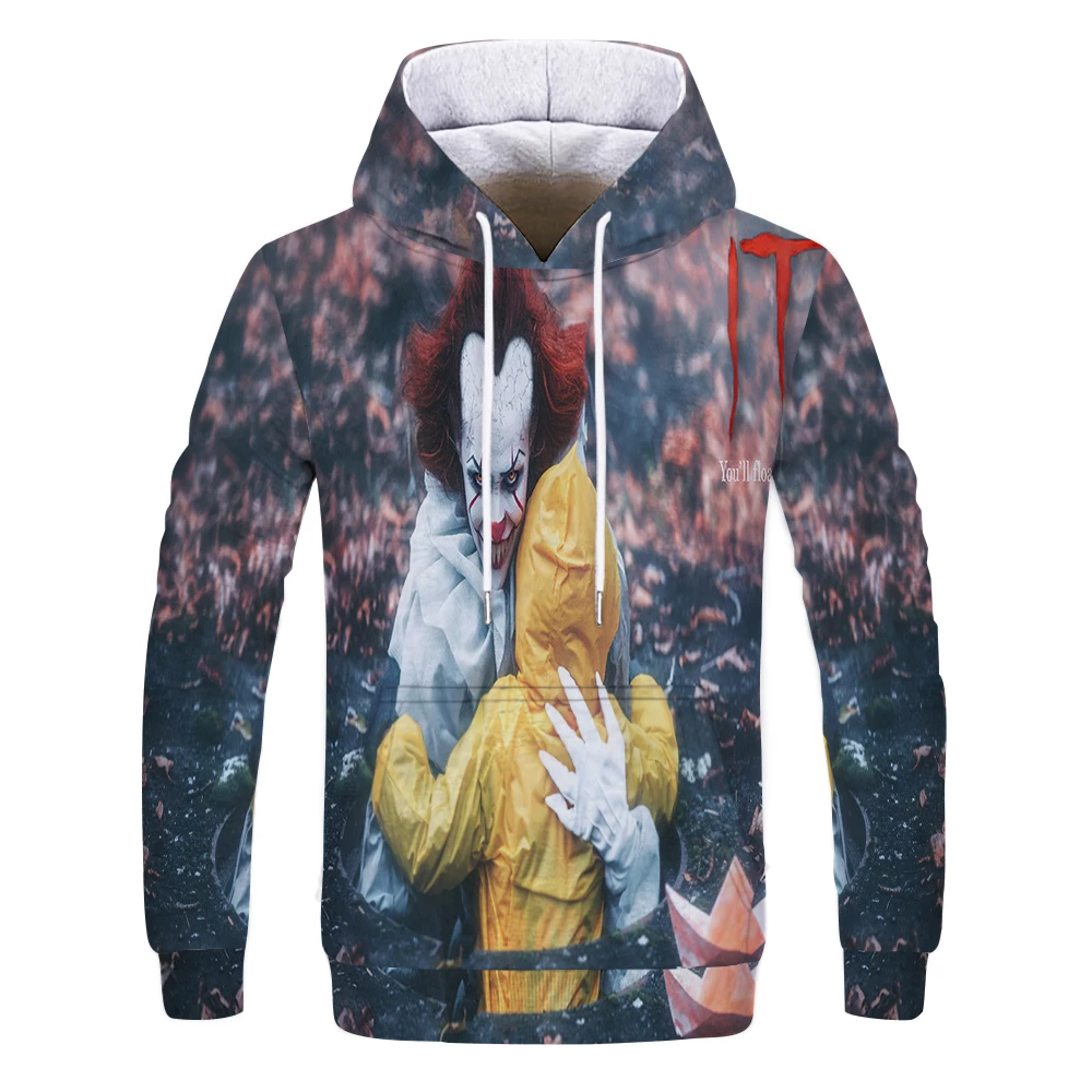 W-1298 Horror Movie It:Chapter Two Stephen King Clown PennyWise 3D Hoodie Cosplay Costume Sweatshirt men casual Cartoon Clown it hoodie - Цвет: W-1298