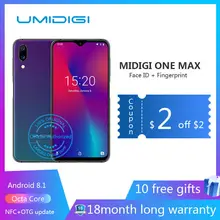 Umidigi One Max 4 г оперативная память 128 ГБ Встроенная 6," Смартфон Android 8,1 12MP+ 5MP беспроводной Зарядка для сотового телефона Мобильный gsm nfc Восьмиядерный отпечаток пальца Двойная камера идентификатор лиц