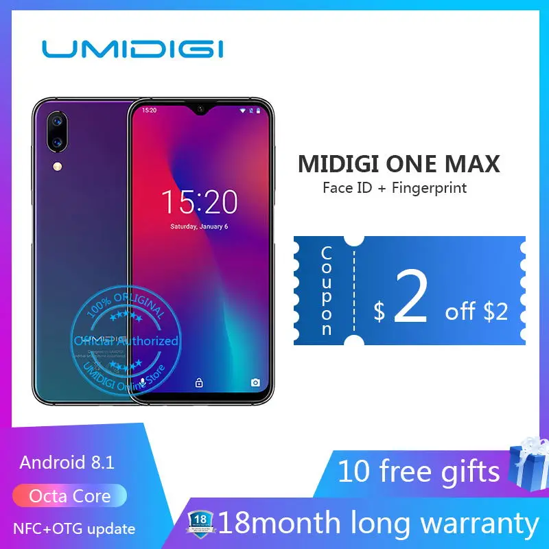 Umidigi One Max 4 г оперативная память 128 ГБ Встроенная 6,3 "Смартфон Android 8,1 12MP + 5MP беспроводной Зарядка для сотового телефона Мобильный gsm nfc