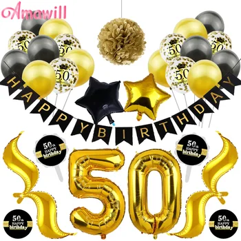 

Amawil 50th Birthday Party Decor Adult Latex Confetti Balloons Paper Pompom Stickers Cake Toppers 50 Years Old Party Supplies 7D