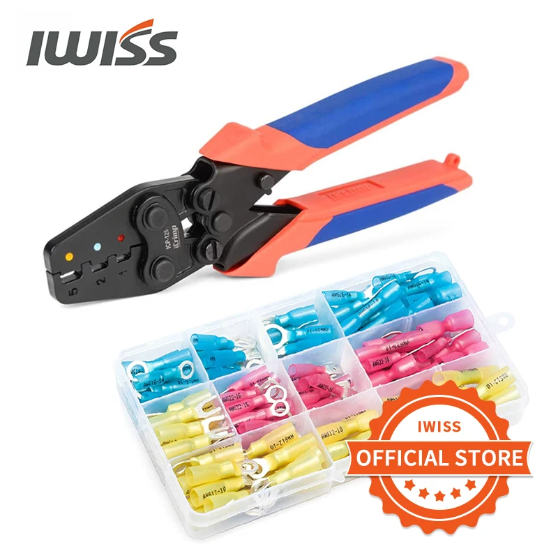 IWISS ICP-125 Mini Crimping Plier 0.5-6mm²(AWG22-10) Wire Crimper Tool 120pcs Heat Shrink Connectors Kit Repair tool Set