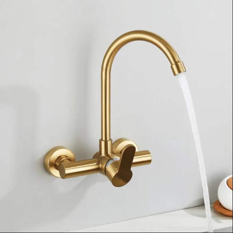 

Kitchen Faucet Brush Gold Wall Mounted Stainless Steel Material Rotation Basin Sink Tap Single Handle Mixe rHot And Cold Water