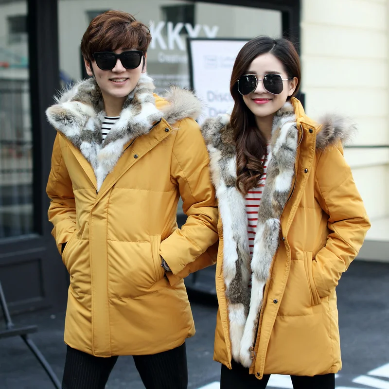 2021 winter clothing new men's down jacket youth real rabbit fur big collar thickened down jacket couples long white duck down
