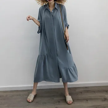 

Spring 2020 Women Solid Blue Chiffon Dress Elegant Loose Boho Casual Korean New Chic Midi Shirt Dresses Beach Holiday Vestidos