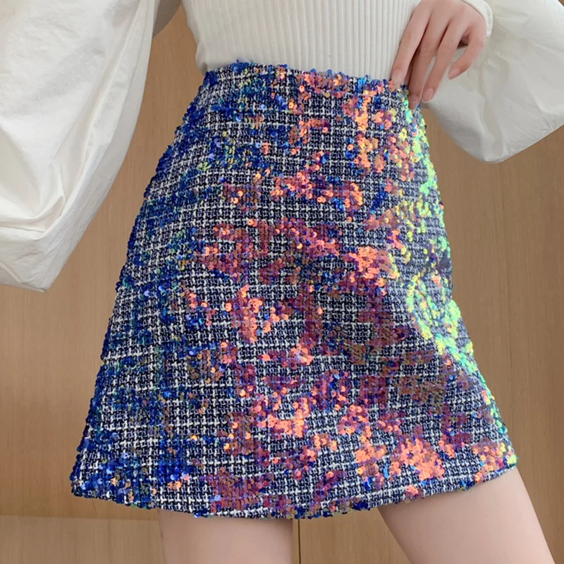 

Slim Sexy Club Women Mini Skirt Harajuku Korean Lady Summer High Waist A-Line Solid Sequined Skirts Elegant Fashion Streetwear