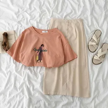 

Summer Fashion Skirt Set Women Casual Short Sleeve Print T-shirt + High Waist Button Decor Maxi Skirt Female Two Pieces Set
