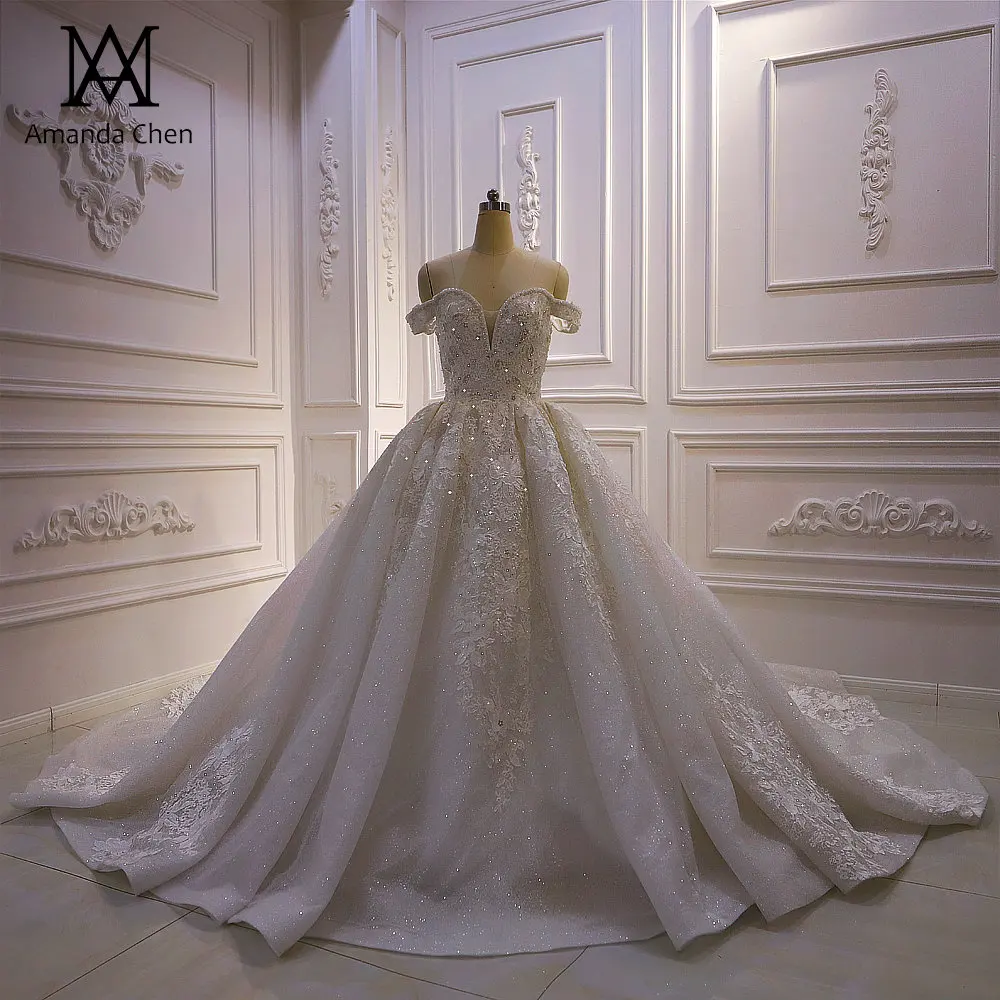 Vestido de Noiva 2020 с открытыми плечами кружево аппликация бисером свадебное платье |