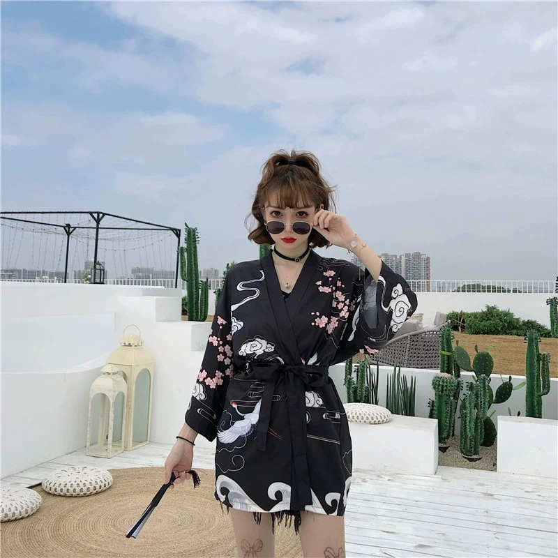 New Japanese Yukata Kimono Haori Female Red-Crowned Crane Traditional Japanese Kimonos Kimono Cardigan Haori Yukata FF2581