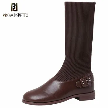 

Prova Perfetto Low Heel Boots Women Sweet Crude Heel Round Toe Women Shoes Plush In Knit Non-slip Buckle Autumn Sexy Botas Mujer