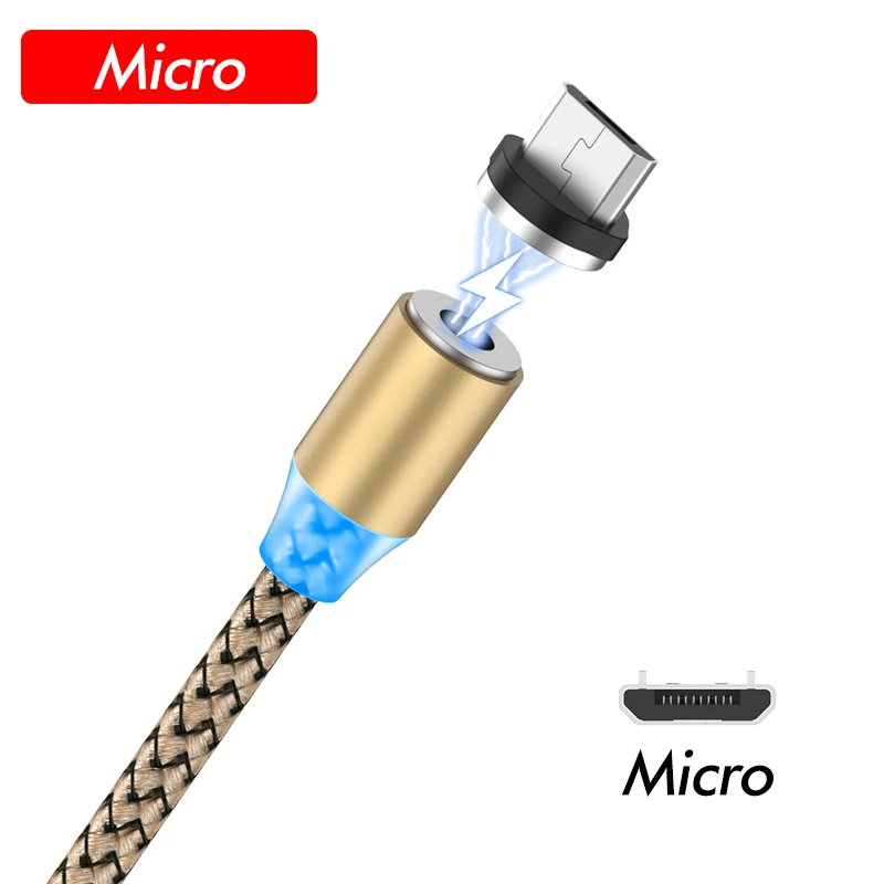 Магнитный usb-кабель ROCK для быстрой зарядки, кабель Micro USB C type C, зарядное устройство для Xiaomi Redmi Note 8, iPhone XR, samsung S9, huawei, 1 м, 2 м - Цвет: Gold For Micro USB