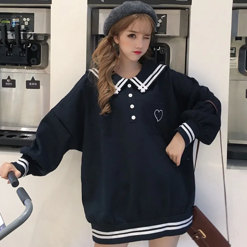 

One-Piece 2020 New Japanese Harajuku Women Uniform Oversized Pullover Embroidery Fleece Autumn Warm Girl Embroidery Outerwear