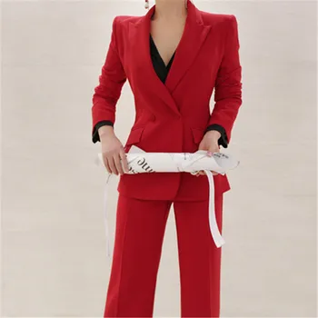 

2019 Runway High-end Women's Suit 2 Pieces Set Autumn Elegant Fashion Double-breasted OL Lady Bussines Office Blazer Pants Suits