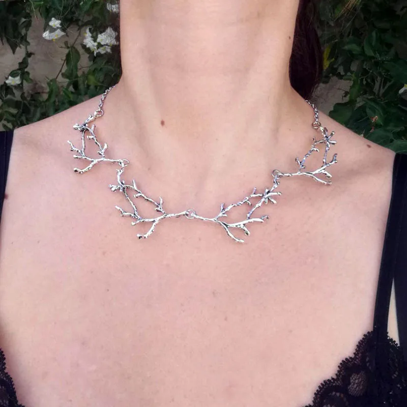 

Vintage Geometric Branches Necklace Fantasy Forest Jewelry for Woman Personality Silver Color Antlers Gothic Party Jewellery