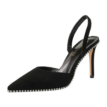 

313-2 European and American style sexy nightclubs show thin high heel suede shallow mouth hollowed-out rivet pointed head female