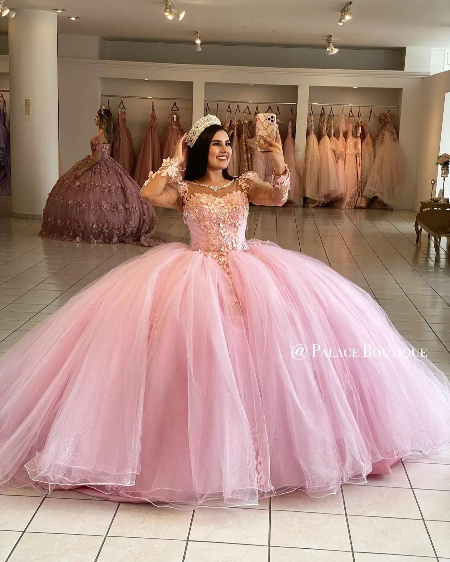 Contracción Coca Correa Vestido de quinceañera rosa de manga larga, ropa de fiesta de graduación,  con apliques de encaje, cuello de Joya de cuentas, dulce, 16, 2022|Vestidos  de quinceañera| - AliExpress