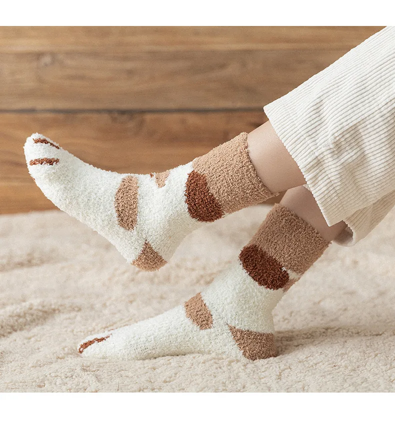 6 пар/лот, новые женские носки для сна с милым рисунком когтей кошки, женские теплые зимние толстые коралловые бархатные носки-Тапочки