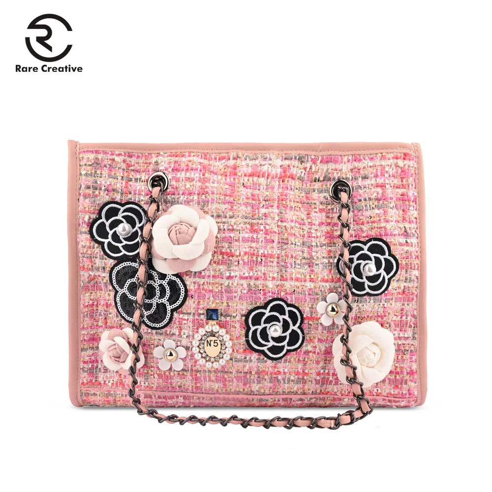 

RARE CREATIVE DIY Linen Large Capacity Composite Bags Fashion Flower Pearl Shoulder Bags Casual Tote Bags For Women 2019 ZL4003