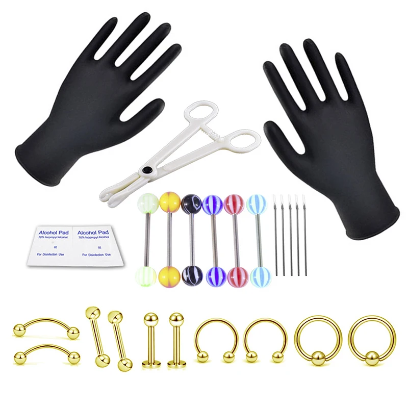 16pcs/set Belly Nipple Eyebrow Lip Nose Ring Tongue Body Piercing Kit Jewelry Tool Piercing Needles For Body Jewelry 16G 14G