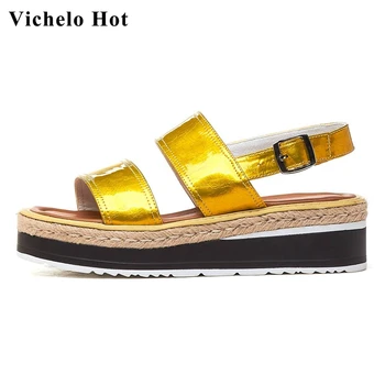 

Vichelo Hot genuine leather peep toe straw wedges platform simple solid Rome young lady buckle strap summer sandals women L23