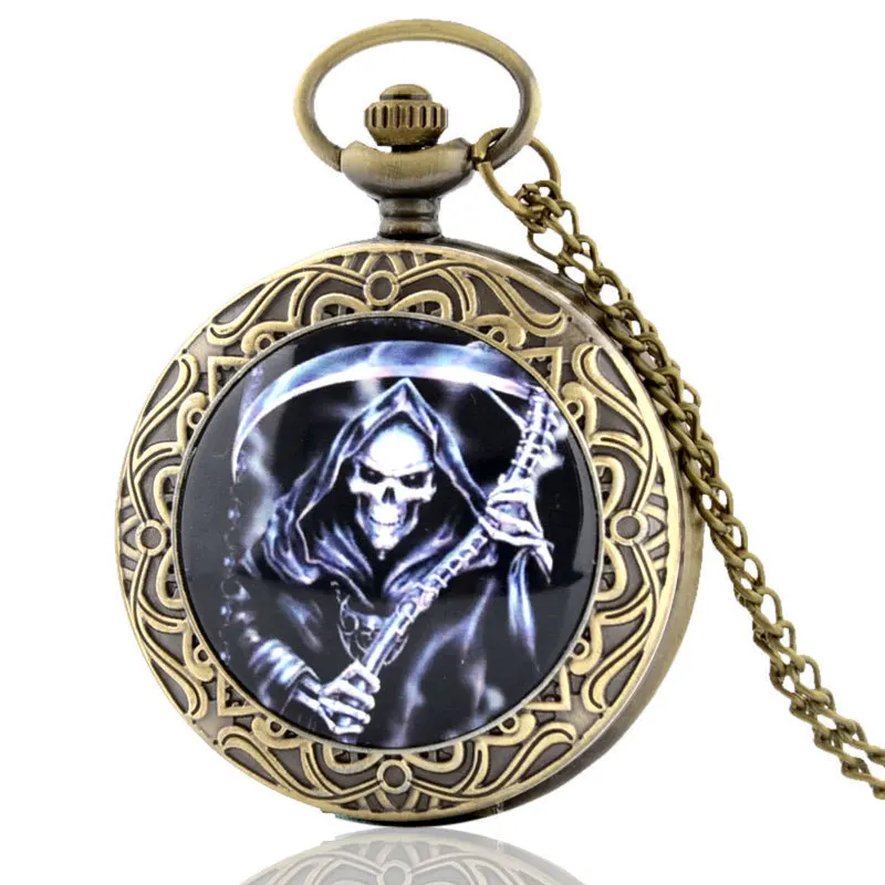 

IBEINA Ghost Spirit With Knife Theme Full Hunter Quartz Engraved Fob Retro Pendant Pocket Watch Chain Gift