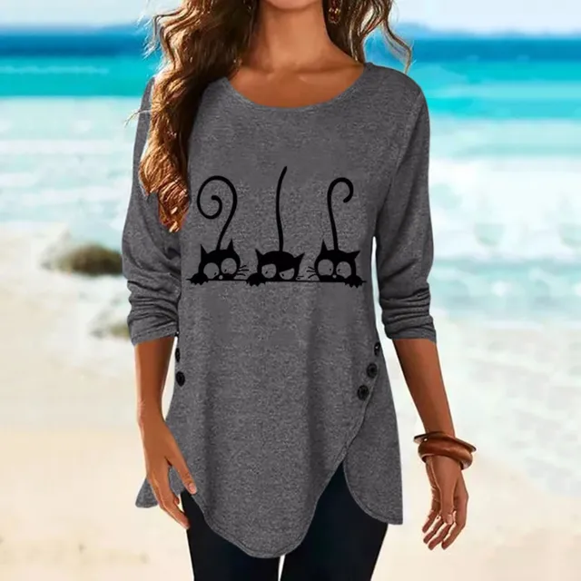 40#Sexy Shirts Spring Summer Round Neck Long Sleeve Cute Cat Print Fashion Women's Blouses Casual Loose Large Size Women's Dress 1