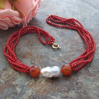 

red Coral Carnelian reborn Keshi Pearl 5 Strds 20" Necklace
