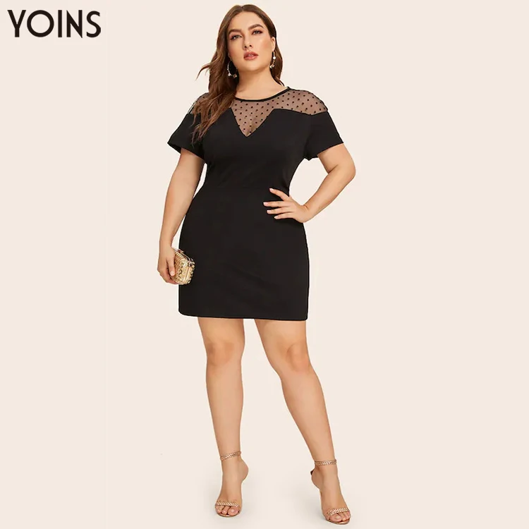 YOINS винтажное Сетчатое мини-платье в горошек с круглым вырезом и коротким рукавом Женские Элегантные платья размера плюс вечерние платья для свиданий Vestidos