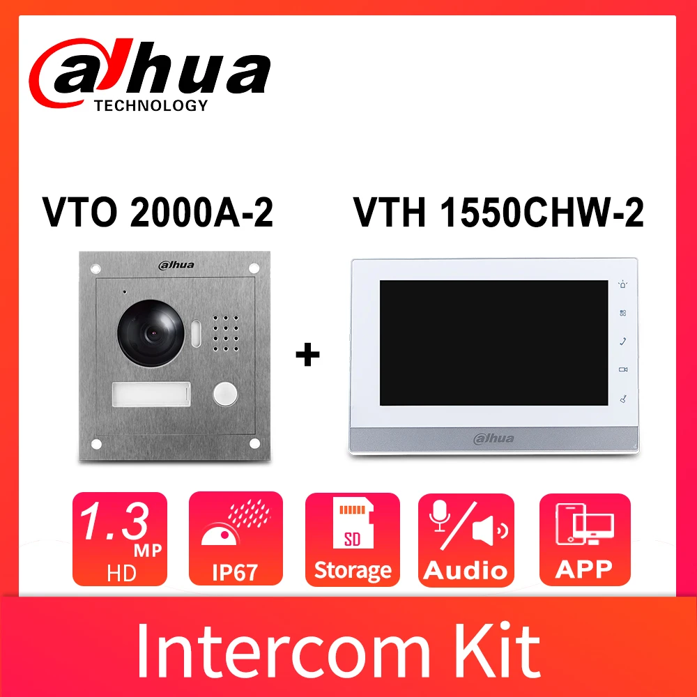 Dahua-alarma de Audio bidireccional, VTK-VTO2000A-VTH1550CH Original, 7 pulgadas, 800x480, 960P, Kit IP, 2,8mm, Control de entrada/salida de 2 puertas, aplicación remota