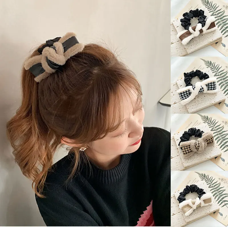 

Autumn Winter Scrunchies Vintage Headwear Faux Rabbit Fur Leather Plaid Hair Ring Big Bow Hair Rope Sweet Wide Hair Accessories