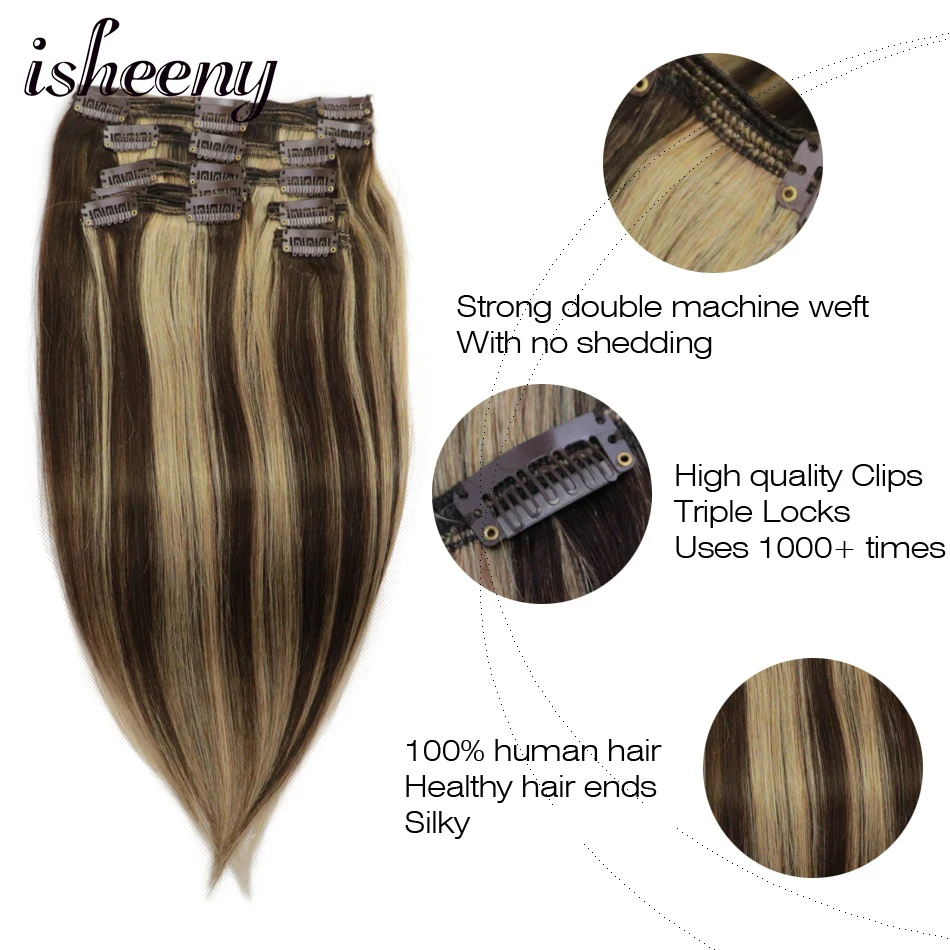Isheeny, человеческие волосы Remy на заколках для наращивания, рояль, блонд, 4#27#, двойной уток, бразильские волосы на заколках, набор на всю голову
