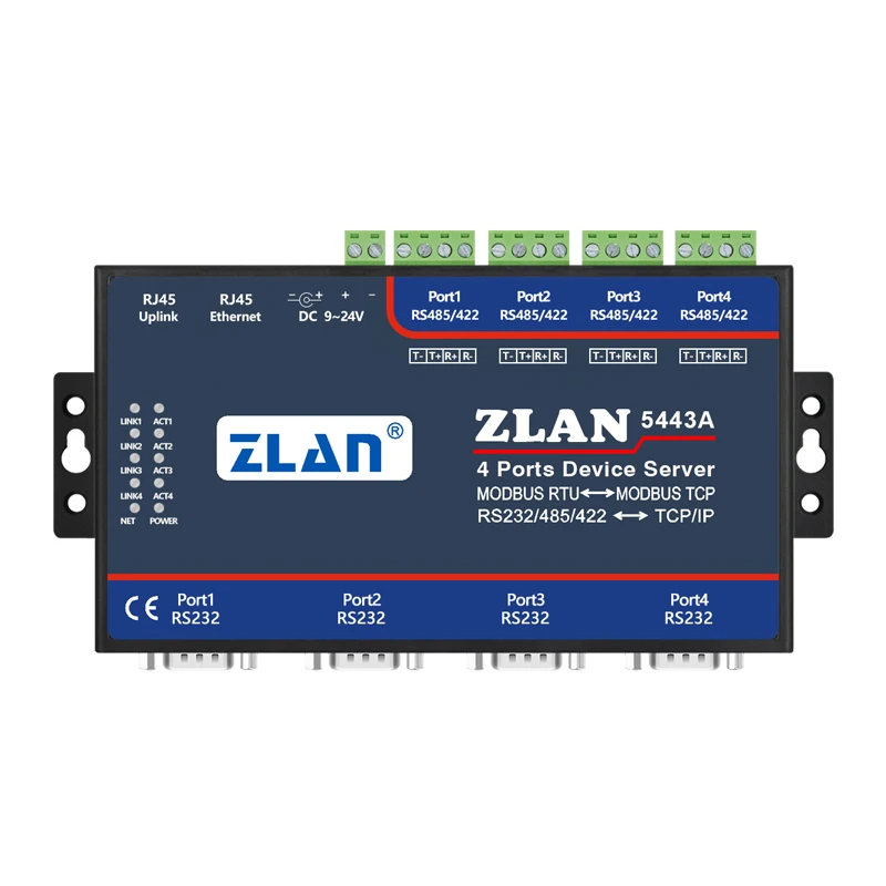 Zlan5443a 4 порта Rs232 Rs485 Rs422 к Ethernet Tcp Ip конвертер Modbus Rtu шлюз последовательное