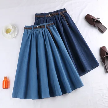 

D507 summer new Korean solid color all-around belt high waist thin loose mid length skirt women's skirt