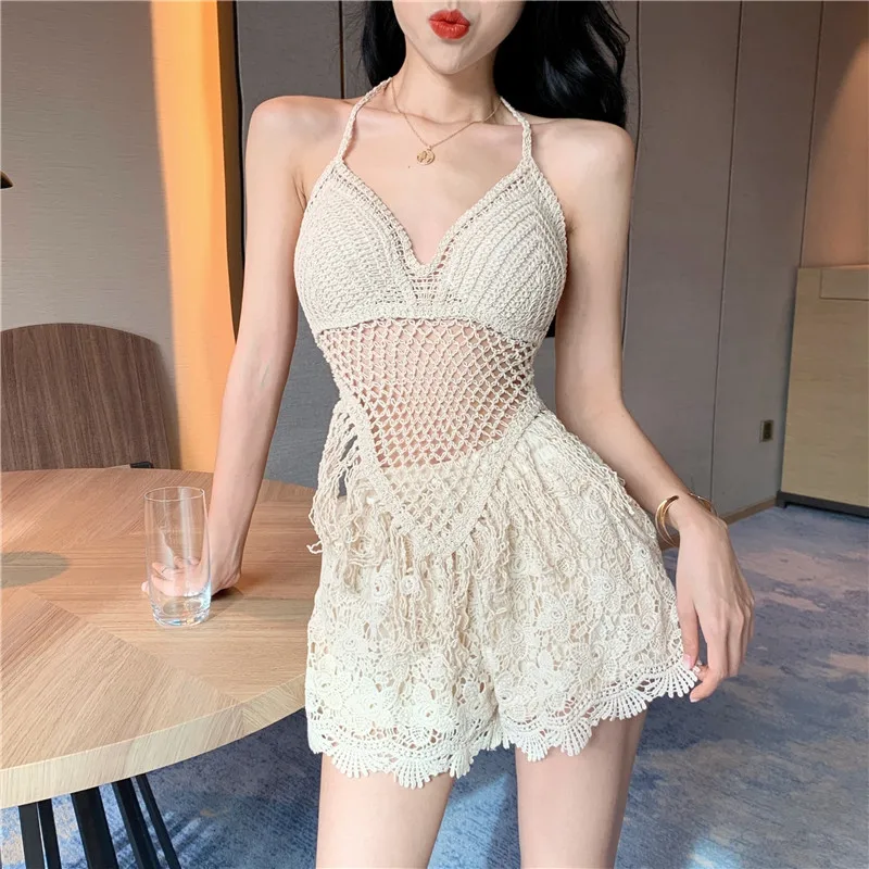 beige tank top RealShe женские шорты высокий эластичный пояс кружево шорты с оборками для женщин Femme Летняя Повседневная Уличная одежда сексуальные женские шорты - Цвет: beige tank top