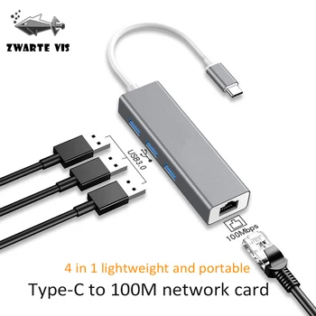 

4 In 1 HUB Type-C To 100M Network Card Type-c To Rj45 Network Card 100M Usb3.0 HUB 4 In 1 Lightweight Portable Type C To Rj45