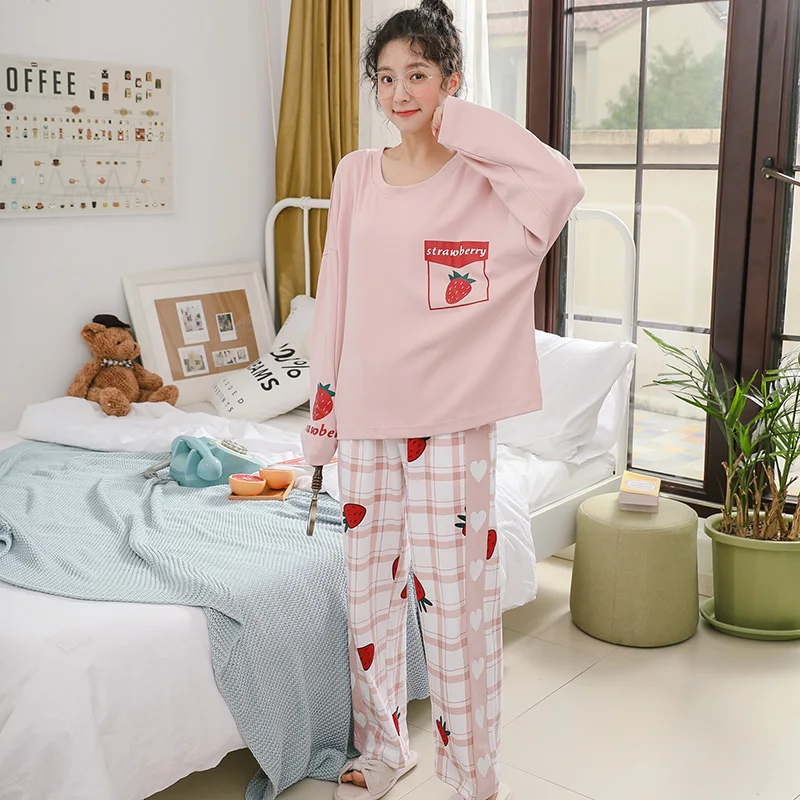 

Women Pajamas Sets Winter And Autumn Cotton Strawberry Pink Style Girl's Sleepwear Ladies Nightdress