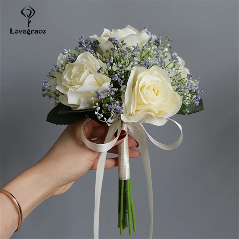 Wedding bouquets artificial rose flowers artificial gypsophila plants bride rose bouquet wedding supplies bridesmaid rose baby's breath bouquet flower arrangement DIY home party prom decor
