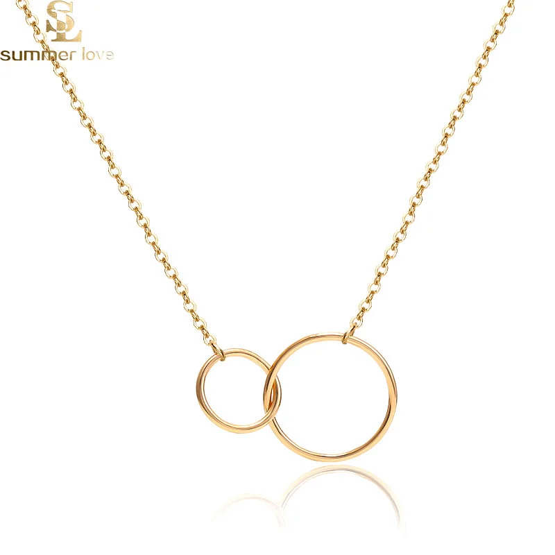 Простое Ожерелье с двойным круглым кулоном золотистого цвета длинная цепочка