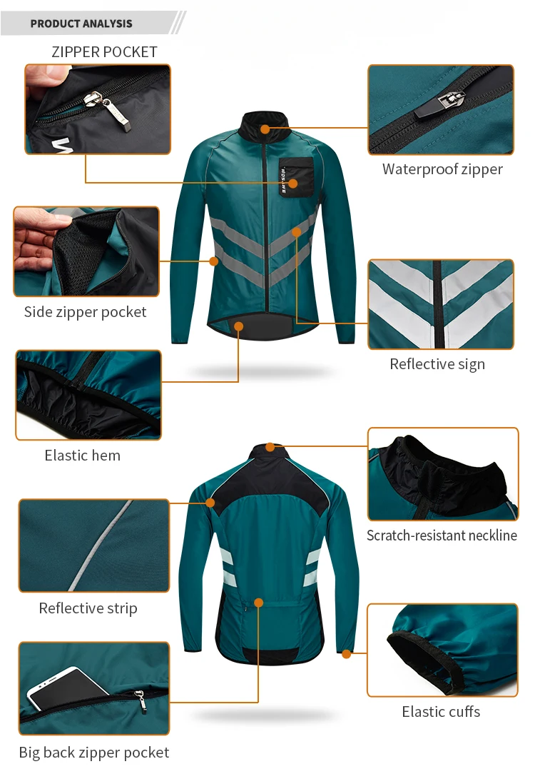 WOSAWE Reflective Cycling Jackets Men Breathable Waterproof Lightweight Rain Windbreaker Coat Bicycle Cycle MTB Bike Clothing