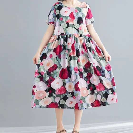 2020 Summer Women Plus Size Long Dress Floral Printed Loose Beach Midi Elegant Cotton Linen Vintage Oversized AE776 | Женская одежда