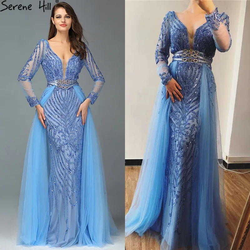 Blue Dubai Luxury Sequined Sparkle Evening Dresses Long Sleeve Beading Evening Gowns Serene Hill Plus Size LA60858