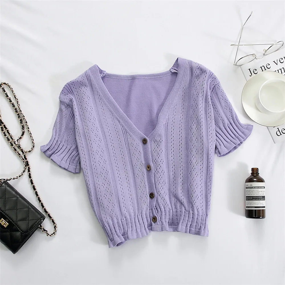 HELIAR T-shirt Women Purple V-Neck Button Up Summer Tees Short Sleeve  Knitting Casual Street Outwear T-shirts For Women Tops