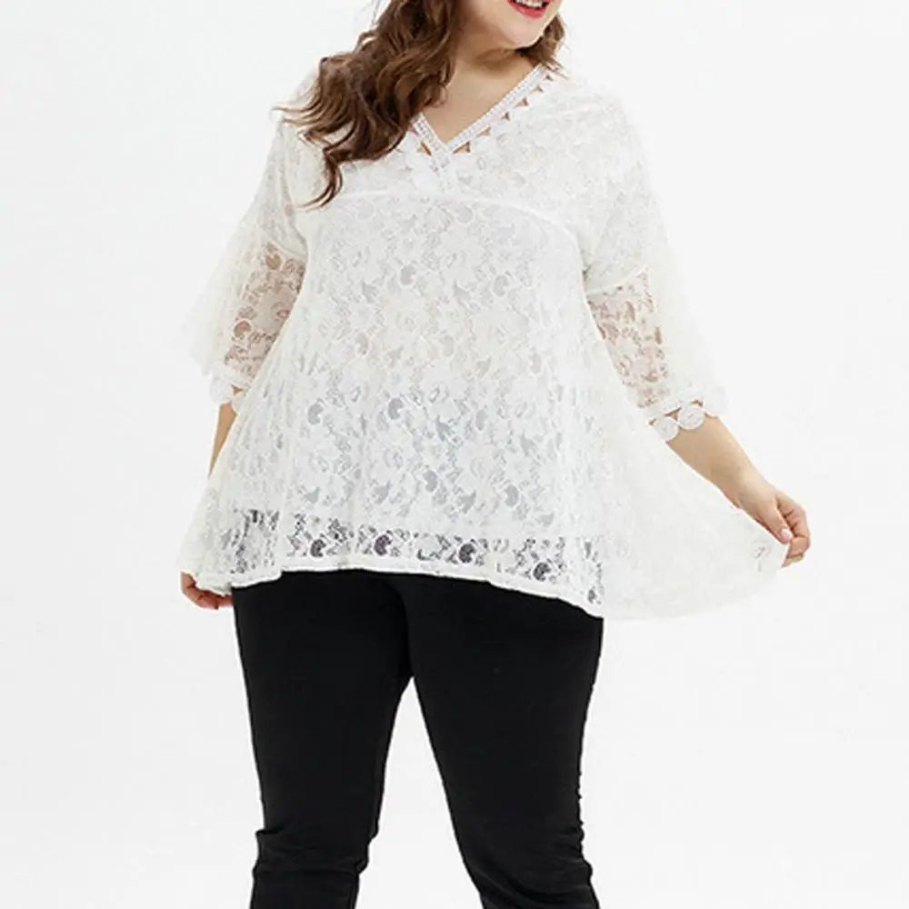 

Plus Size Summer Fashion Casual Tops V-Neck Solid Lace Half Sleeve Sexy Women Tops and Blouses tunique femme grande taille #3F