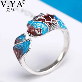 

V.YA 925 Sterling Silver Open Ring Ethnic Carp Enameling Rings For Women Elegant Silver Fish Ring Female Jewelry