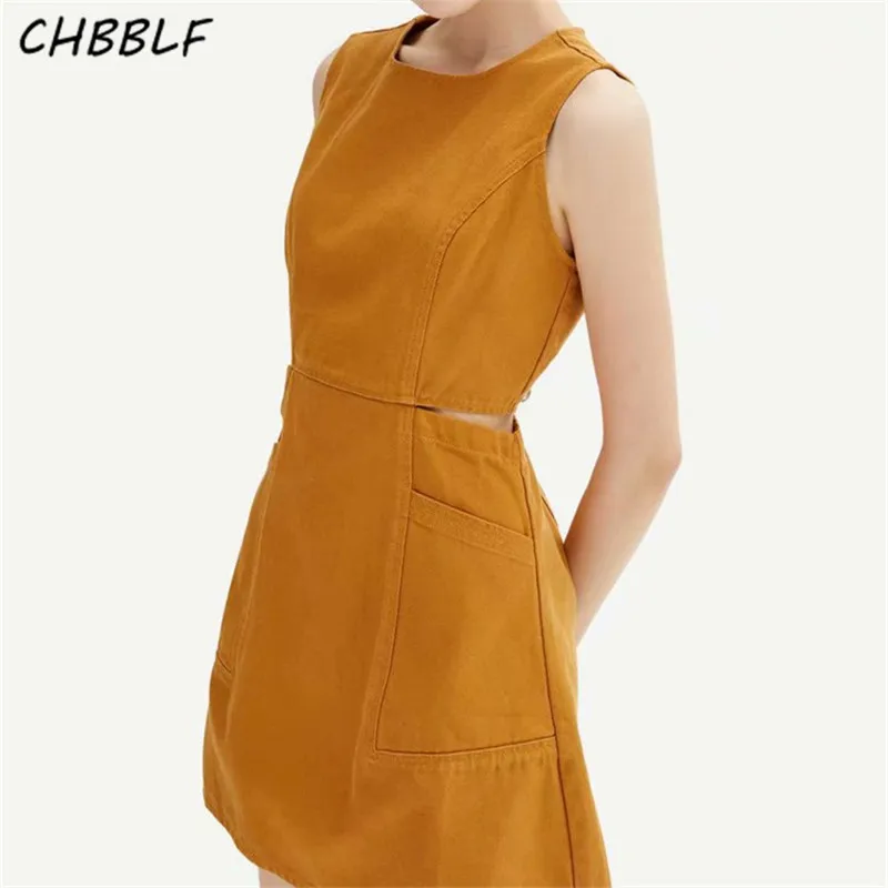 

CHBBLF women vintage mini dress cut out sleeveless back zipper pocket female casual solid A line dresses vestidos HJH2090