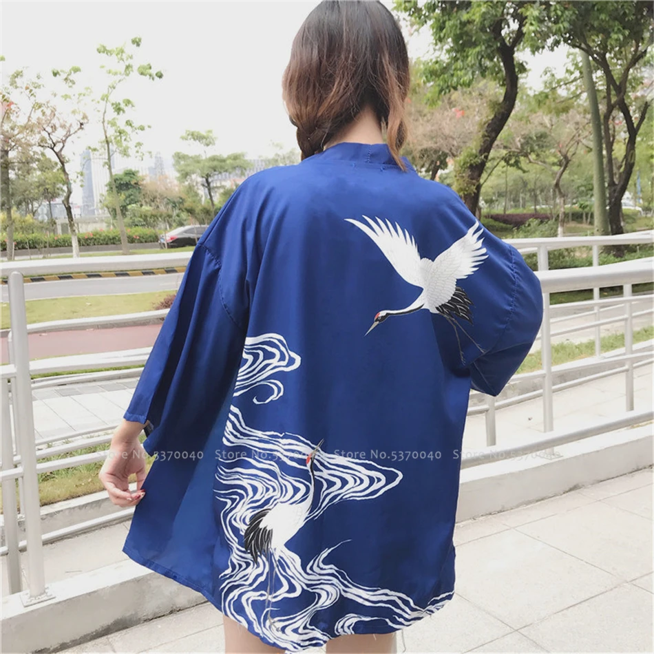 Летняя женская японская мода кардиган уличная кимоно Haori печать кран халаты Китайская традиционная юката пальто азиатская одежда