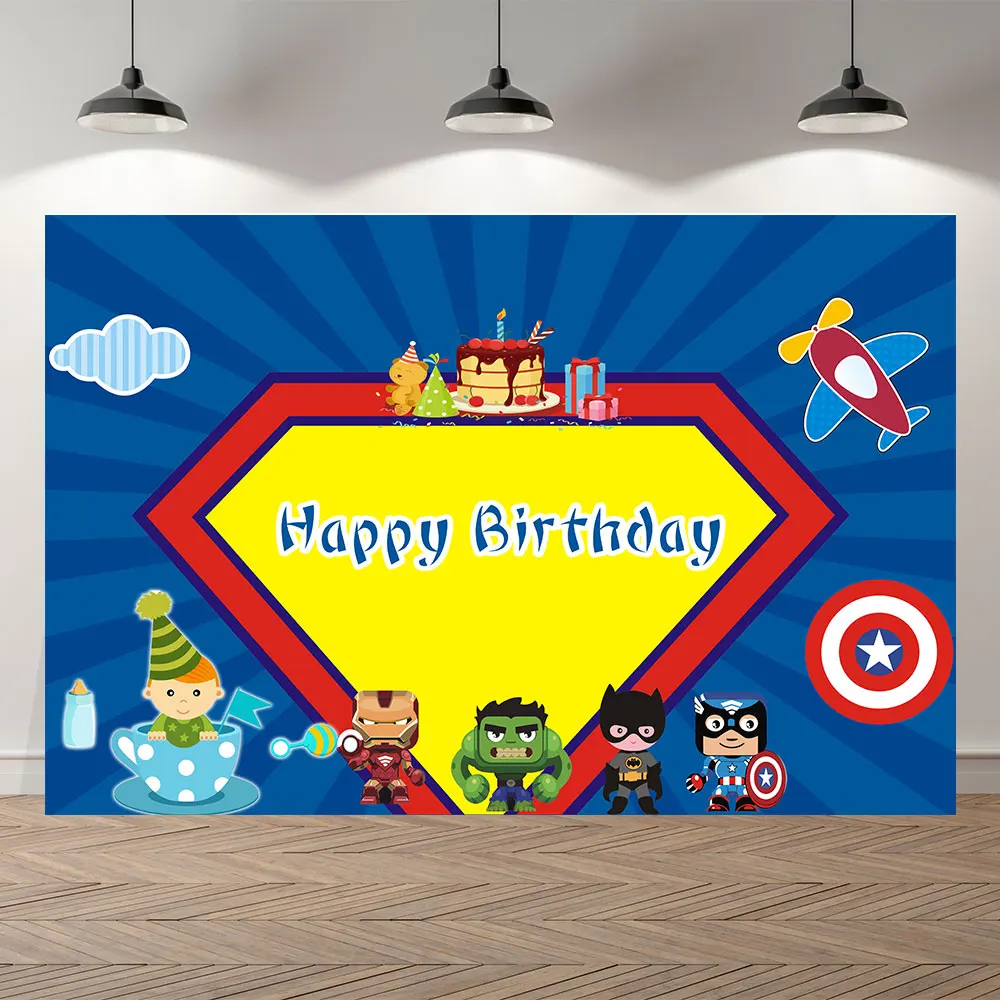 

Seekpro Photography Background blue cartoon heros boys Happy birthday party baby shower Backdrop Photo Background Photocall
